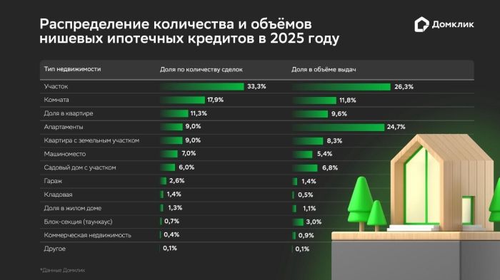 Распределение количества и объемов нишевых ипотечных кредитов в 2025 году